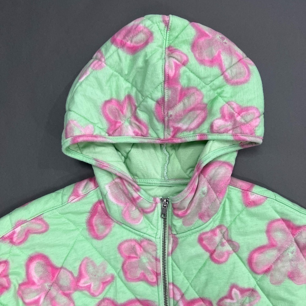 Blanketed Abstract Floral Print Hooded Zip Up Quilted Jacket - Picture 3 of 6